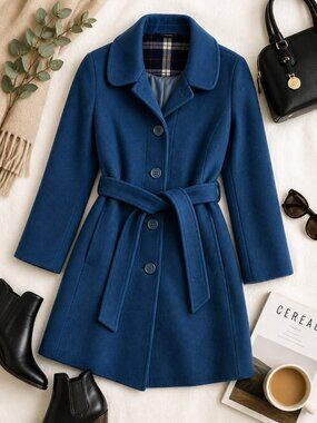Vintage Wool Coat Blue Belted Swing Coat Union Made USA 80s